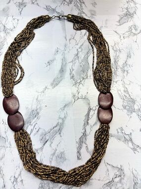Handmade Brown Seed Bead & Burgundy Statement Necklace Wood accents